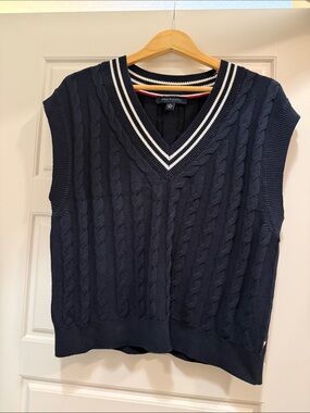 Tommy Hilfiger Navy Cable-Knit V-Neck Sweater Vest with Stripe Trim